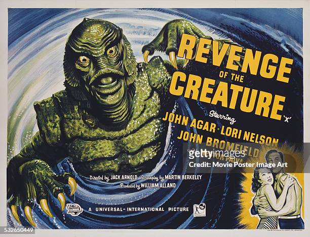 Poster for Jack Arnold's 1955 horror film 'Revenge of the Creature' starring John Agar and Lori Nelson.