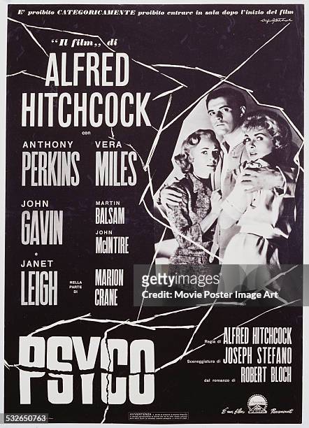 An Italian poster for Alfred Hitchcock's 1960 horror film 'Psycho' starring Janet Leigh, Vera Miles and John Gavin.