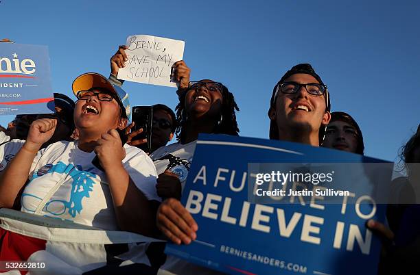 Supporters cheer as Democratic presidential candidate Sen. Bernie Sanders speaks at a campaign rally at Waterfront Park on May 18, 2016 in Vallejo,...