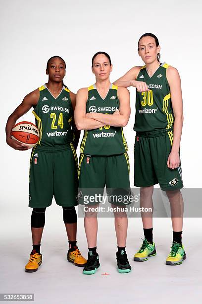 Jewell Loyd, Sue Bird and Breanna Stewart of the Seattle Storm poses for a photo during media day at Key Arena in Seattle, Washington May 05, 2016....