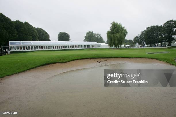 Water logged bunker on the ninth green before the abandonment of play of the first round of The Deutsche Bank Players Championship at Gut Kaden Golf...