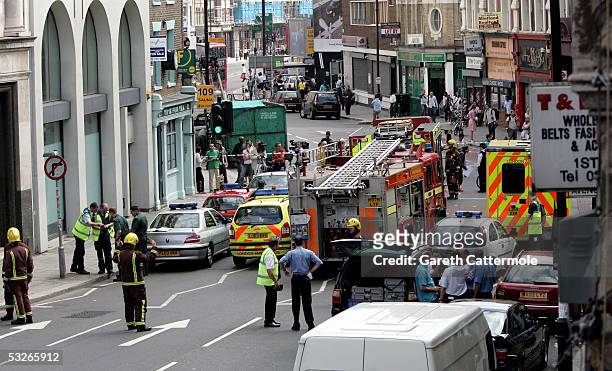 Emergency services cordone off Hackney Road area in Bethnal Green on July 21, 2005 in London, England. The windows were blown out of a nearby number...