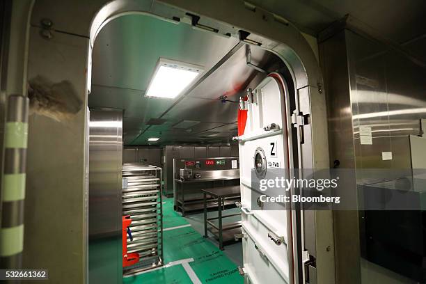 Equipment stands in a kitchen area on the British Royal Navy's new HMS Queen Elizabeth aircraft carrier, manufactured by the Aircraft Carrier...