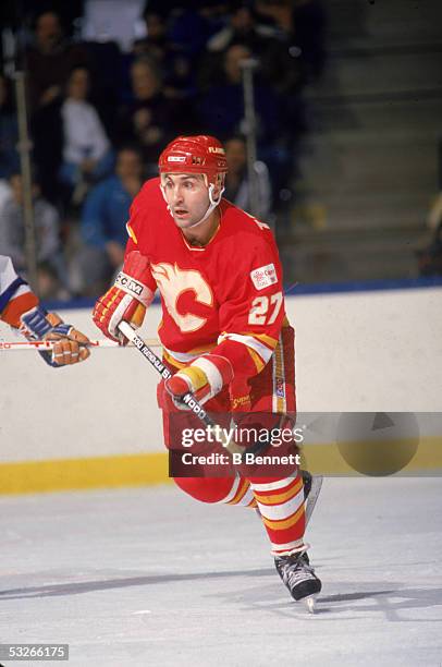 Canadian hockey player John Tonelli of the Calgary Flames on the ice during a game, February 1988.