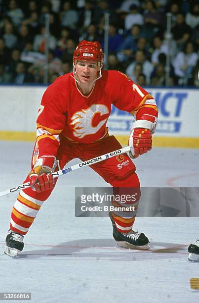 American hockey player Joe Mullen of the Calgary Flames on the ice during a game, 1980s.