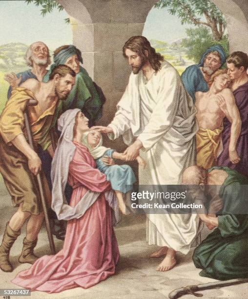 Colorized print shows Jesus as he heals a sick child held in the arms of a woman as others, in varying degrees of distress, await their turn. The...