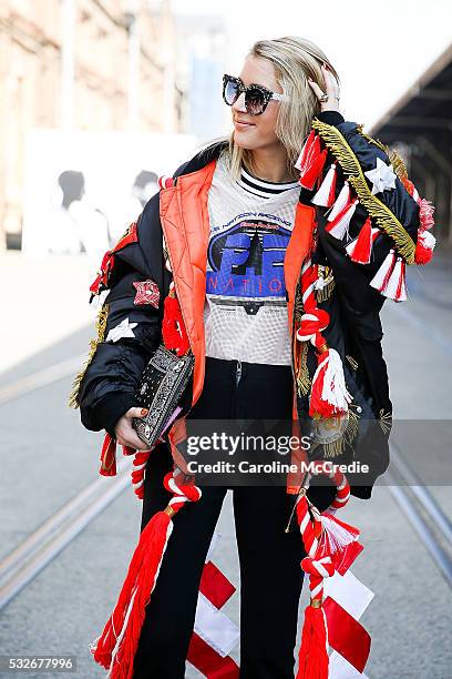 Poppy Lissiman, wearing P.E. Nation, arrives ahead of the P.E Nation show at Mercedes-Benz Fashion Week Resort 17 Collections at Carriageworks on May...