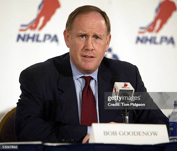 Executive Director Bob Goodenow answers a question during a press conference announcing the NHLPA's ratification of the new collective bargaining...