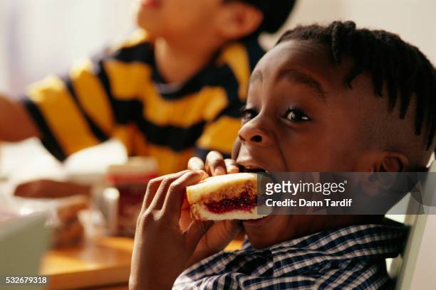 boy biting into sandwich - peanut butter and jelly sandwich stockfoto's en -beelden