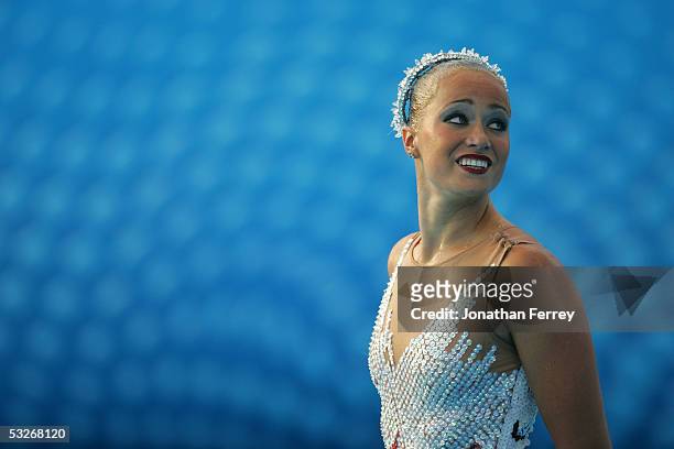 Christina Jones of the U.S. Waits on the deck before performing in the synchronized swimming solo routine final during the XI FINA World...