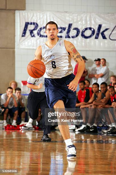 Deron Williams of the Utah Jazz dribbles the ball against the Atlanta Hawks on July 21, 2005 at the Reebok Rocky Mountain Revue in Salt Lake City,...