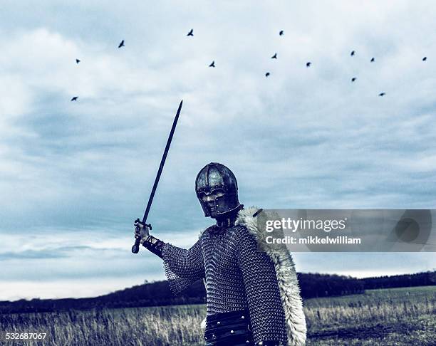 warrior with helmet and sword ready to attack - viking warrior stock pictures, royalty-free photos & images