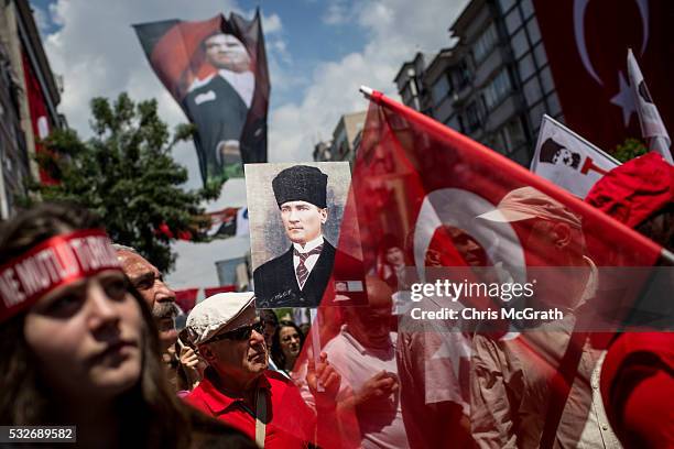 People participate in a march to celebrate the life of modern Turkey's founder Mustafa Kemal Ataturk during festivities on Ataturk, Youth and Sports...