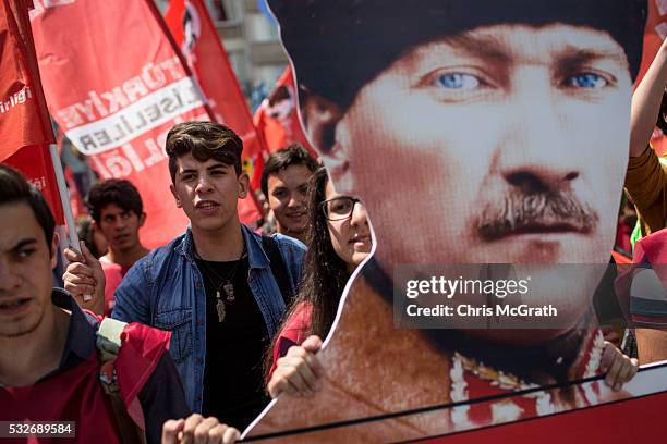 People participate in a march to celebrate the life of modern Turkey's founder Mustafa Kemal Ataturk during festivities on Ataturk, Youth and Sports...