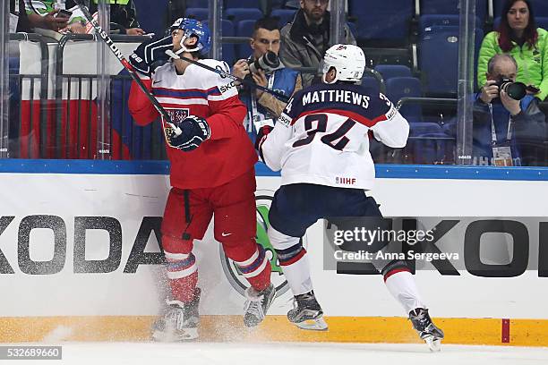 Auston Matthews of USA checks Tomas Kundratek of Czech Republic at Ice Palace on May 19, 2016 in Moscow, Russia.