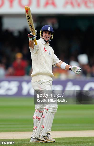 Kevin Pietersen of England celebrates scoring 50 runs during day two of the first npower Ashes Test match between England and Australia at Lord's on...