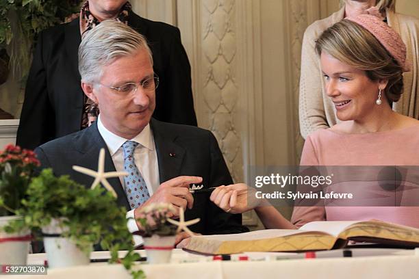 Queen Mathilde of Belgium and King Philippe - Filip of Belgium are welcomed at the Town Hall during a royal guided tour through the city of Brugge,...