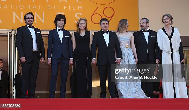 Guest, Rares Andrici, Malina Manovici, Cristian Mungiu, Maria Dragus, Adrian Titieni and Lia Bugnar attends the "Graduation " Premiere during the...