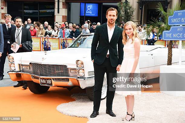 Ryan Gosling and Angourie Rice attend the "The Nice Guys" UK Premiere at Odeon Leicester Square on May 19, 2016 in London, England.