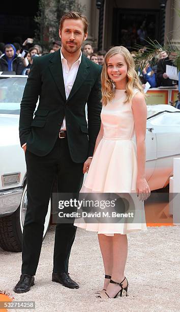 Ryan Gosling and Angourie Rice attend the UK Premiere of "The Nice Guys" at Odeon Leicester Square on May 19, 2016 in London, England.