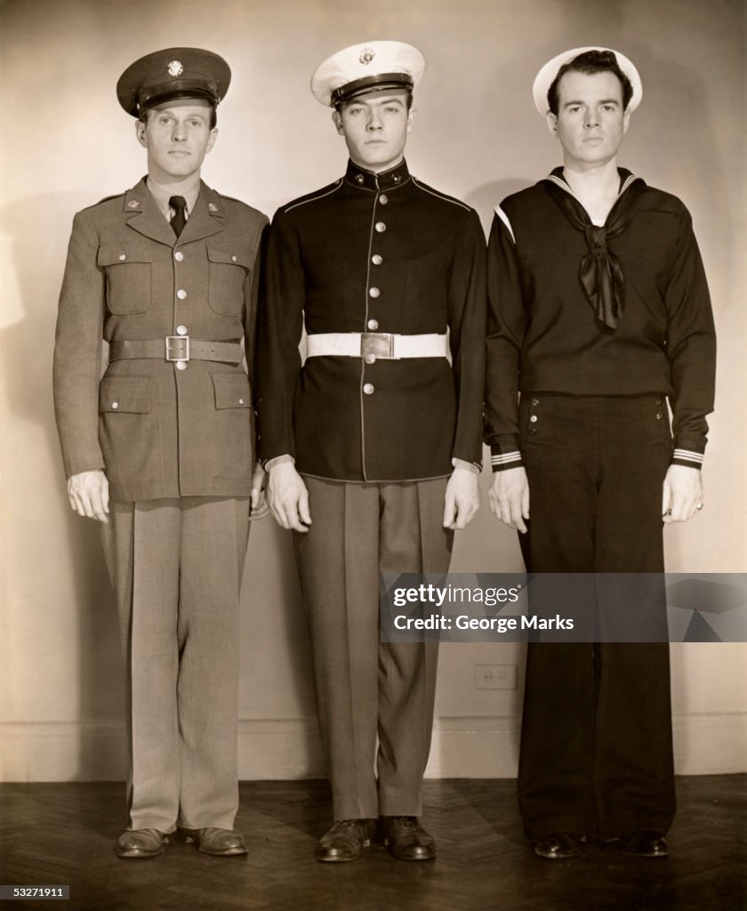 WW II US Army, Marine and Navy men in uniform