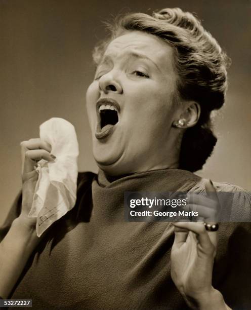 woman about to sneeze - handkerchief stock pictures, royalty-free photos & images