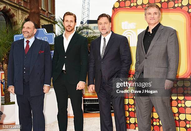 Producer Joel Silver, Ryan Gosling, Russell Crowe and Director Shane Black attend the "The Nice Guys" UK Premiere at Odeon Leicester Square on May...