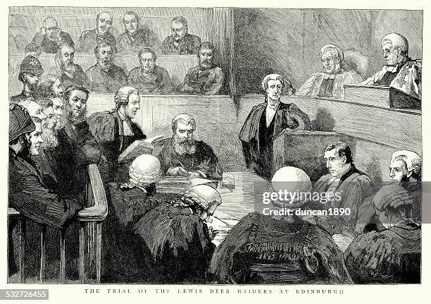 trial of the lewis deer raiders - courtroom jurors judge stock illustrations