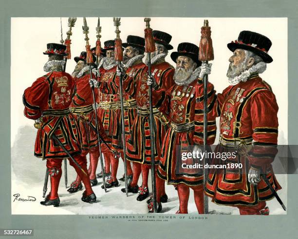 stockillustraties, clipart, cartoons en iconen met beefeaters from the tower of london - security in london