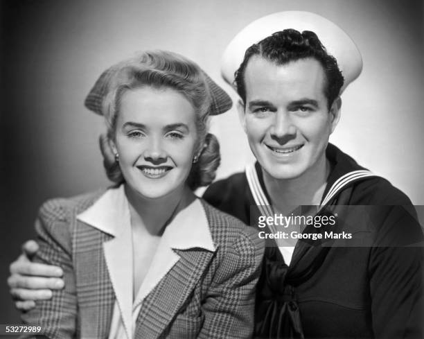 portrait of sailor and wife - vintage sailor stock pictures, royalty-free photos & images