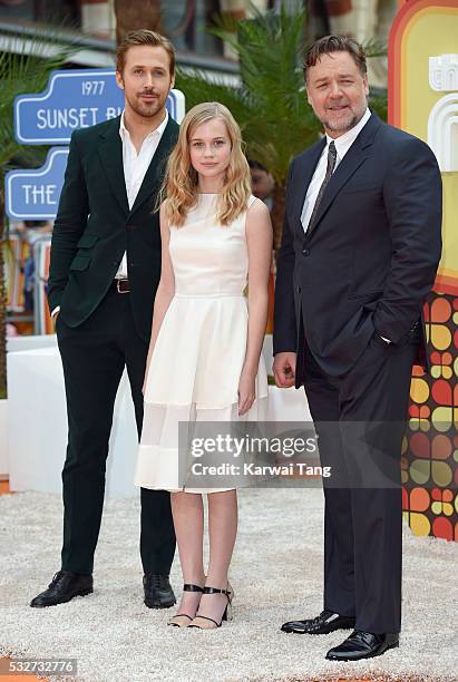 Ryan Gosling, Angourie Rice and Russell Crowe arrive for the UK Premiere of 'The Nice Guys' at Odeon Leicester Square on May 19, 2016 in London,...