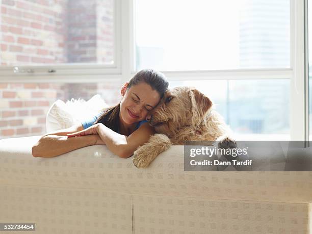 woman with pet dog - haustierbesitzer stock-fotos und bilder