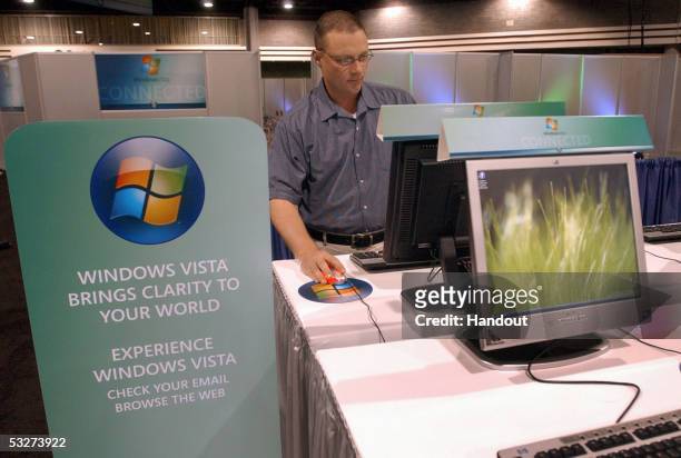 Microsoft employee tries out a newly unveiled Microsoft operating system, Window Vista July 22, 2005 in Atlanta, Georgia. Windows Vista is scheduled...