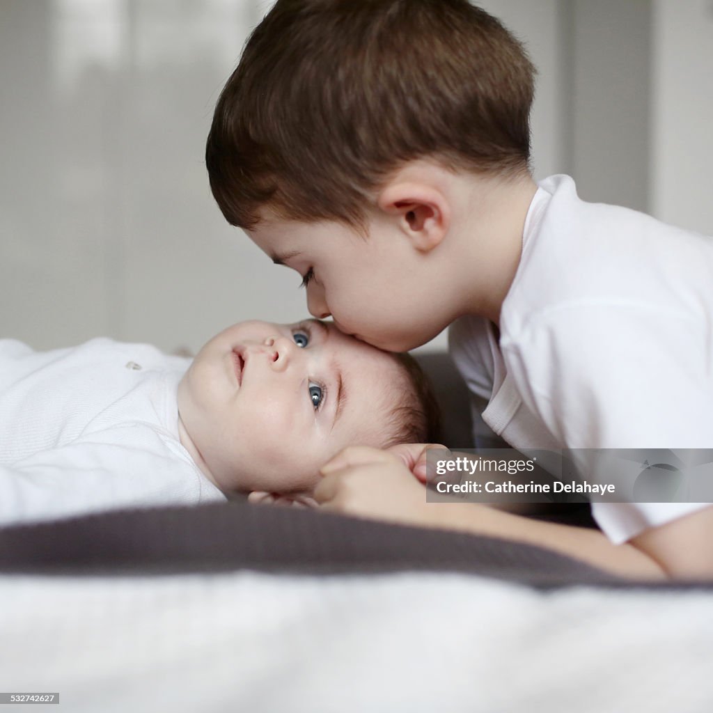 A 3 years old boy kissing his baby brother