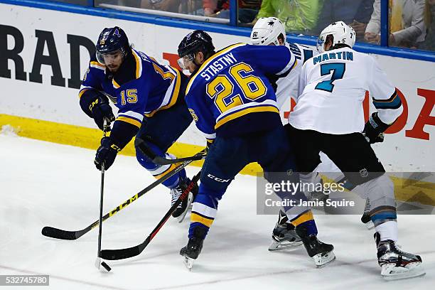 Robby Fabbri of the St. Louis Blues goes after the puck against the San Jose Sharks in Game Two of the Western Conference Final during the 2016 NHL...