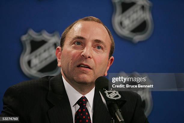 Commissioner Gary Bettman of the National Hockey League addresses the media regarding NHL rules changes and the new CBA agreement at the Sheraton New...