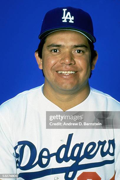 Pitcher Fernando Valenzuela of the Los Angeles Dodgers poses for a portrait in 1986 in Los Angeles, California.