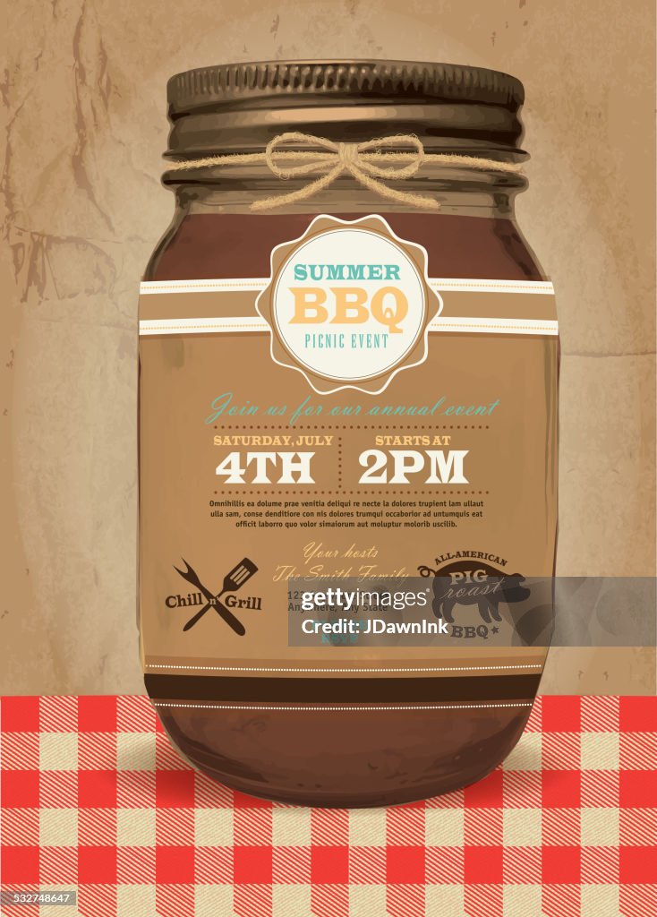 Mason Jar BBQ with checkered tablecloth picnic invitation summer bbq