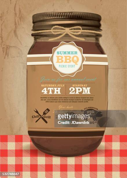 mason jar bbq with checkered tablecloth picnic invitation summer bbq - canning stock illustrations