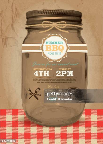 mason jar bbq with checkered tablecloth picnic invitation design template - rustic wedding stock illustrations