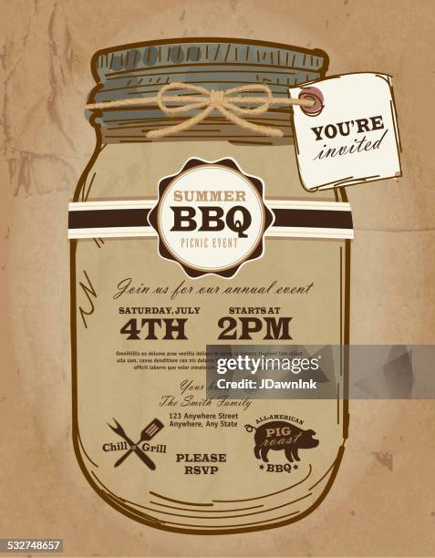 mason jar bbq picnic invitation design template with invited tag - canning stock illustrations