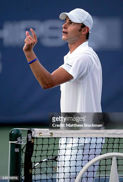 Andy Roddick disputes a call in the match against Robby Ginepri during the RCA Championships July 22, 2005 at Indianapolis Tennis Center in...