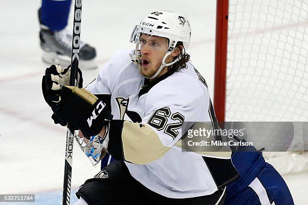 Carl Hagelin of the Pittsburgh Penguins celebrates after scoring a goal during the second period against Andrei Vasilevskiy of the Tampa Bay...