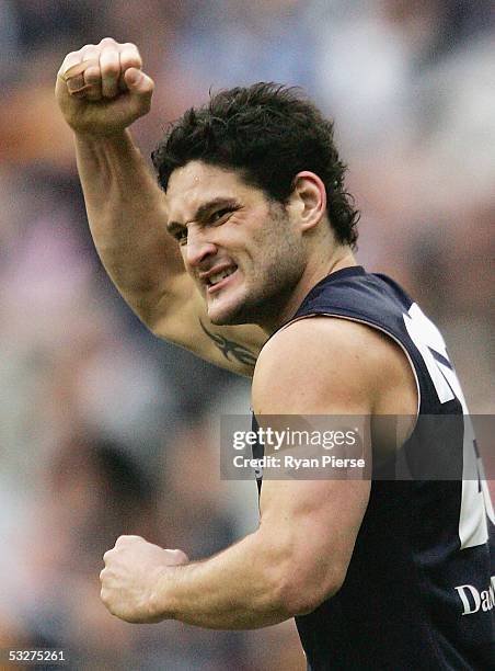 Brendan Fevola for the Blues celebrates a goal during the round seventeen AFL match between the Hawthorn Hawks and the Carlton Blues at the M.C.G. On...