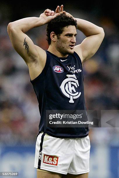 Brendan Fevola for the Blues looks upset after missing a goal during the round seventeen AFL match between the Hawthorn Hawks and Carlton Blues at...