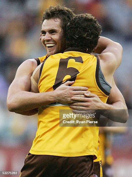 Luke Hodge and Mark Williams for the Hawks celebrate a goal during the round seventeen AFL match between the Hawthorn Hawks and the Carlton Blues at...