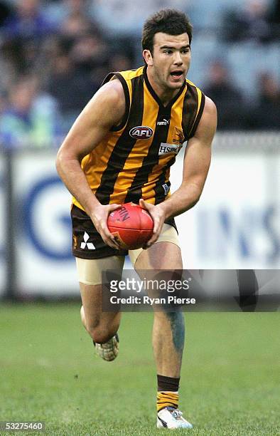 Jordan Lewis for the Hawks in action during the round seventeen AFL match between the Hawthorn Hawks and the Carlton Blues at the M.C.G. On July 23,...