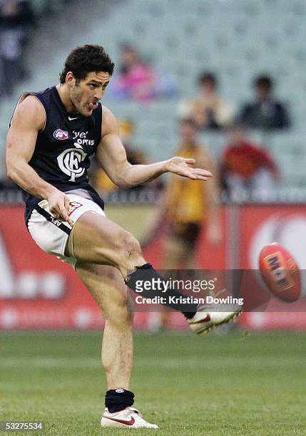 Brendan Fevola for the Blues in action during the round seventeen AFL match between the Hawthorn Hawks and Carlton Blues at the MCG on July 23, 2005...