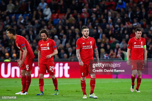 Dejan Lovren, Joe Allen, Alberto Moreno and James Milber of Liverpool looks on during the UEFA Europa League Final match between Liverpool and...