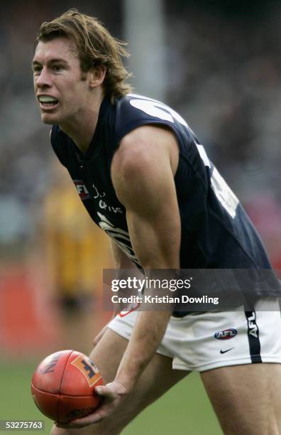 Trent Sporn for the Blues in action during the round seventeen AFL match between the Hawthorn Hawks and Carlton Blues at the MCG on July 23, 2005 in...